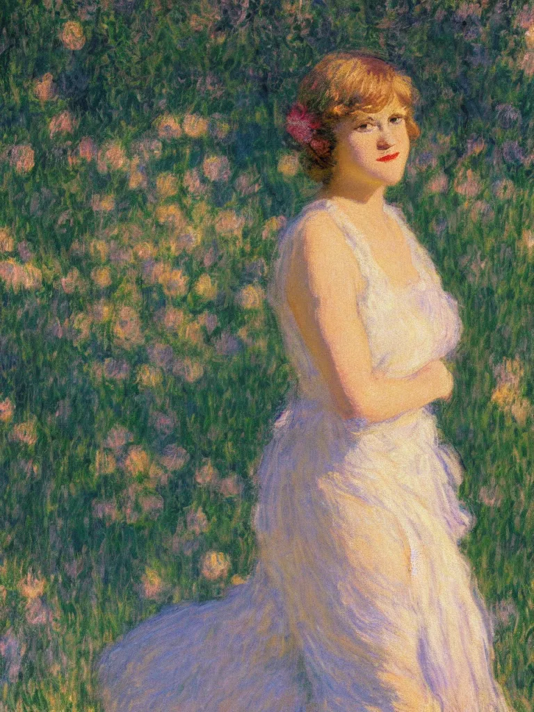 Prompt: portrait of < zelda fitzgerald > as a beautiful young lady, in the sun, slim, out of focus, pleinairism,, backlit, closeup, oil on canvas, atr by monet, in the style of le promenade, smooth, impressionnisme, 8 k