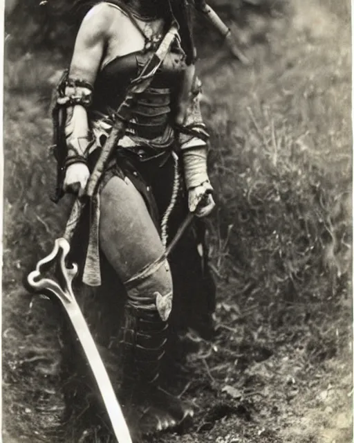 Image similar to female half orc with brown hair, melee weapons, leather clothing, photo by gertrude kasebier