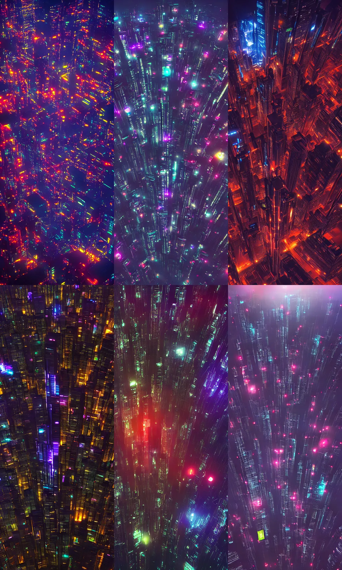 Prompt: An arial view a cybernetic sci-fi city at night, neon, led screens, haze, by xuteng pan Albert Ramon Puig Masashi Imagawa