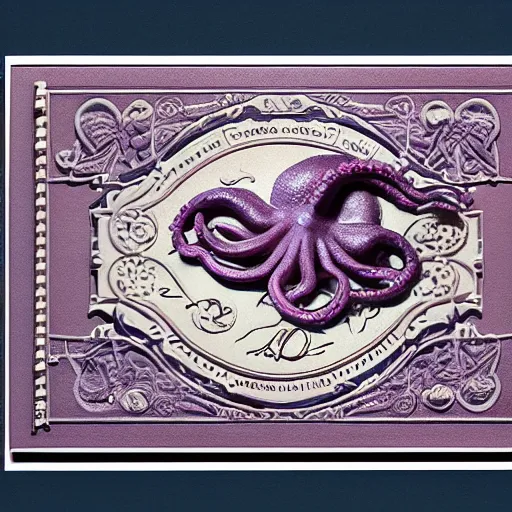 Image similar to close - up lilac envelope letter stamped with a wax seal with an octopus emblem, intricate hyper detailed ultra sharp, sharp focus, global illumination, painting, museum, masterpiece, vermeer, radiant light, alexandre ferra, irakli nadar, octane render, unreal engine, 4 k, ultra hd,