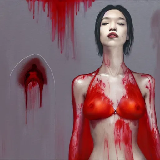 Image similar to Kiko Mizuhara full body laying in a blood red pool of water between a golden mirror frame, outside is space and inside the mirror frame is a beautiful landscape., physically accurate, dynamic lighting, intricate, elegant, highly detailed, digital painting, artstation, HR GIGER, Hieronymus Bosch, Francis Bacon, concept art, smooth, sharp focus, illustration, art by artgerm and greg rutkowski and alphonse mucha