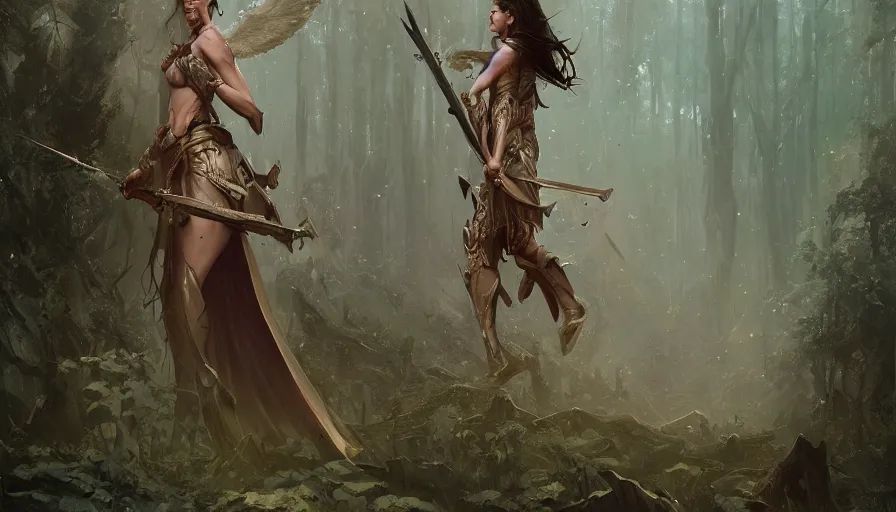 Image similar to A beautiful detailed painting of jennifer connelly as a female angel warrior reigns on a magical forest by greg rutkowski and marc simonetti , Trending on artstation HD.