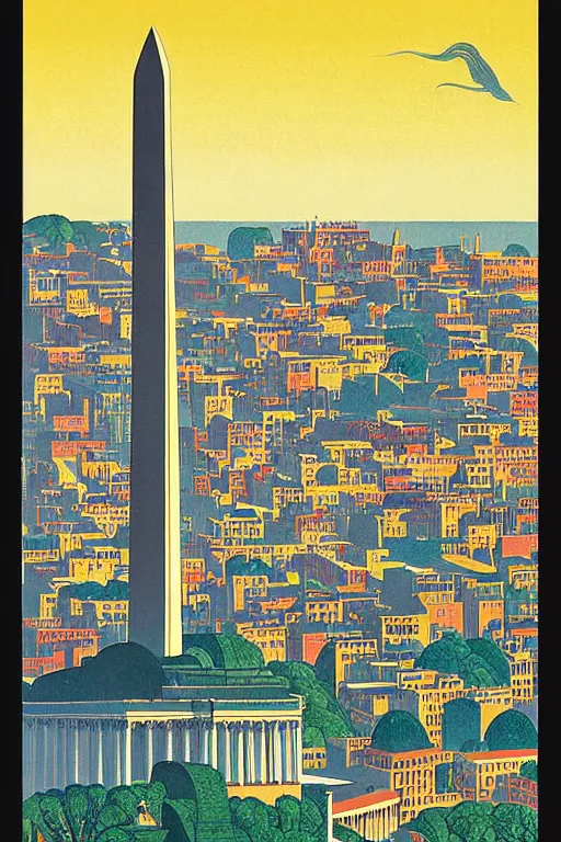 Image similar to resplendent art deco print of Washington, DC, Italy by Hasui Kawase and Lyonel Feininger