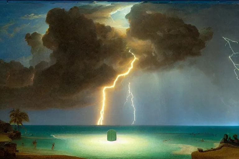 Prompt: doomsday, refracted lightnings on the ocean, thunderstorm, greek pool, beach and Tropical vegetation on the background major arcana sky and occult symbols, by paul delaroche, hyperrealistic 4k uhd, award-winning, very detailed paradise