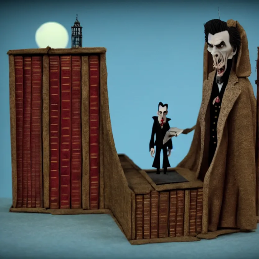 Prompt: dracula alone in a giant library, 3 d stop motion claymation, atmospheric, hand crafted