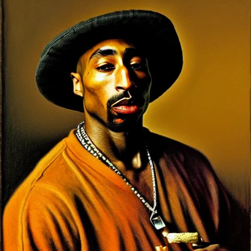 Prompt: high quality celebrity painting of rap artist tupac shakur smoking a joint by the old dutch masters, marijuana leaves in background, rembrandt, hieronymous bosch, frans hals