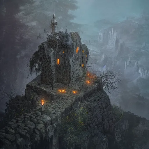 Image similar to aerial view of a stone fort sitting above a cursed swamp in the moonlight, by alan lee by peter mohrbacher, trending on artstation sharp focus vfx key shot