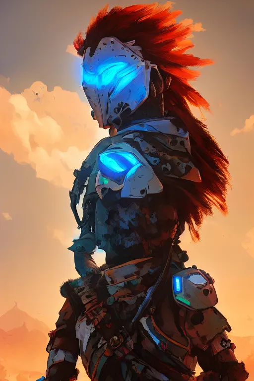 Image similar to combination suit armor aloy horizon forbidden west horizon zero dawn radiating a glowing aura global illumination ray tracing hdr fanart arstation by ian pesty and alena aenami artworks in 4 k tribal robot ninja mask helmet backpack