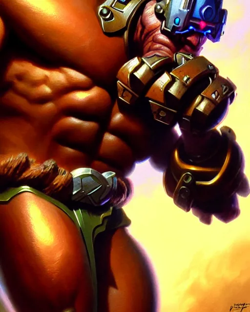 Image similar to doomfist from overwatch, fantasy, fantasy art, character portrait, portrait, close up, highly detailed, intricate detail, amazing detail, sharp focus, vintage fantasy art, vintage sci - fi art, radiant light, caustics, by boris vallejo