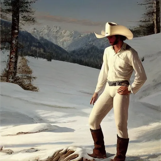 Prompt: a beautiful ethereal homoerotic full - body portrait of a cowboy wearing white longjohns | he's wearing a cowboy hat and his outfit is unbuttoned | background is a cabin in the mountains | muted colours, dreamlike | by mark maggiori and frederic remington | trending on artstation