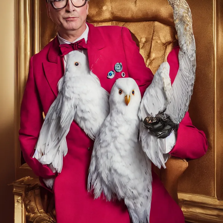 Image similar to high fashion photoshoot octane render portrait by wayne barlow and carlo crivelli and glenn fabry, a distinguished actor wearing a colorful wes anderson designed uniform and holding a small snow owl inside a high - end exotic colorful pastel vintage boutique hotel lounge, very short depth of field, bokeh