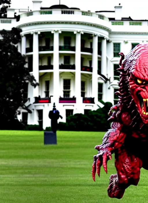 Prompt: joe biden is running terrified from a monster from predator that is chasing him on the white house lawn during a storm