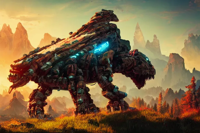 Image similar to tremortusk machine mecanical creature robot of horizon forbidden west horizon zero dawn radiating a glowing aura global illumination ray tracing hdr fanart arstation by ian pesty and alena aenami artworks in 4 k