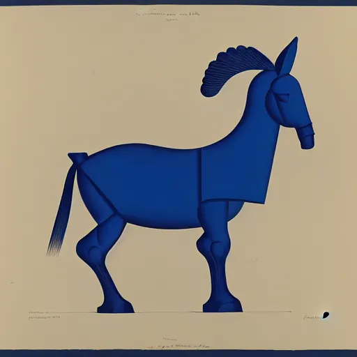 Image similar to lithograph side view of standing donkey against white background, duotone, cycladic sculptural style, full body, flat colors, iconic, simplified, ultramarine blue and red iron oxide