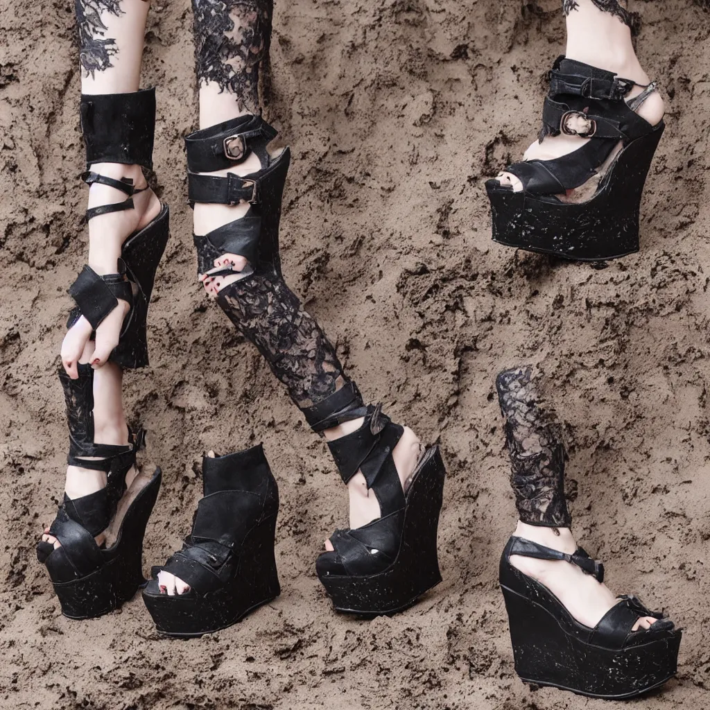 Prompt: gothic style platform wedges in the mud