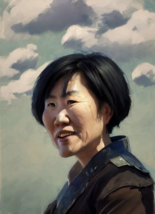 Image similar to portrait of Chin Li from League of Legends practicing, countryside, calm, fantasy character portrait, dynamic pose, above view, sunny day, thunder clouds in the sky, artwork by Jeremy Lipkin and Giuseppe Dangelico Pino and Michael Garmash and Rob Rey and Jean Giraud, very coherent asymmetrical artwork, sharp edges, perfect face, simple form, 100mm