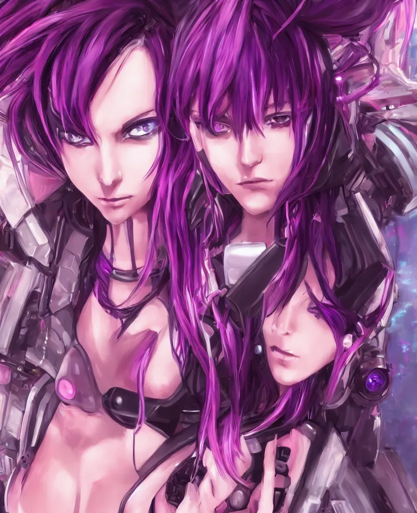 Prompt: A beautiful painting of a cyberpunk anime girl with purple hair and an a huge robot arm sensual stare, Trending on artstation. augmentations and cybernetic enhancements neon circuits