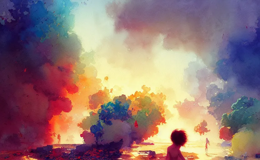 Image similar to explosion made of cotton, beach, fantasy, intricate, amazing composition, colorful watercolor, by ruan jia, by maxfield parrish, by marc simonetti, by hikari shimoda, by robert hubert, by zhang kechun, illustration, gloomy