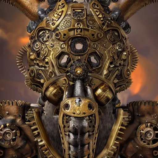 Prompt: A steampunk ornate made of engraved full plate armor and gears shaped in Styracosaurus head at the center, Macro shot by Justin Gerard, unreal engine, physically based rendering