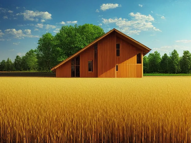 Image similar to hyperrealism design of beautiful eco house around the forest in small ukrainian village by taras shevchenko, wheat field behind the house