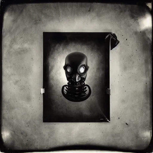 Image similar to alien inside a spaceship interior, hyper realistic, hight detail, sharp focus, wide angle, moody lighting, tintype, black and white photo by Joel Peter Witkin