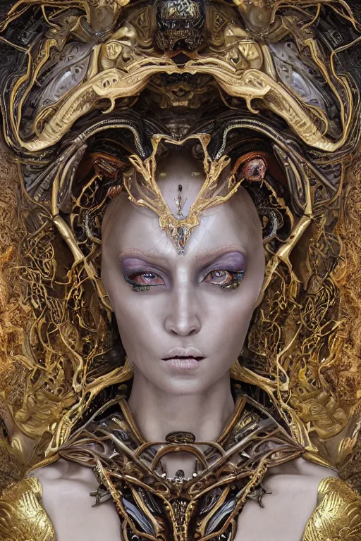 Image similar to hyper-realistic ultra-detailed maximalist and dramatic elegant luxury alien empress made of marble portrait by igor goryunov and heidi taillefer inspired by andrei riabovitchev and patricio clarey Rendered by binx.ly 8k. Generative art. Fantastic realism. Scifi feel. Extremely Ornated. Intricate and omnious. Tools used: Blender Cinema4d Houdini3d zbrush. Unreal engine 5 Cinematic. Beautifully lit. No background. artstation. Deviantart. CGsociety.