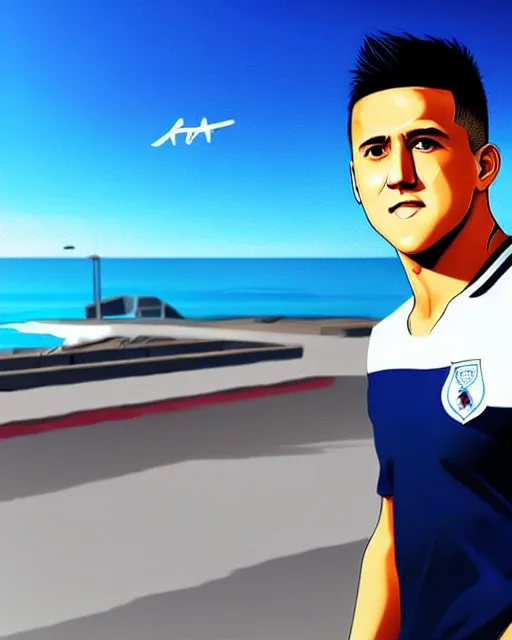 Image similar to portrait Anime Alexis Sanchez; white football shirt, Marseille beach in background || anime, manga cute-fine-face, pretty face, realistic shaded Perfect face, fine details. Anime. realistic shaded lighting by Katsuhiro Otomo