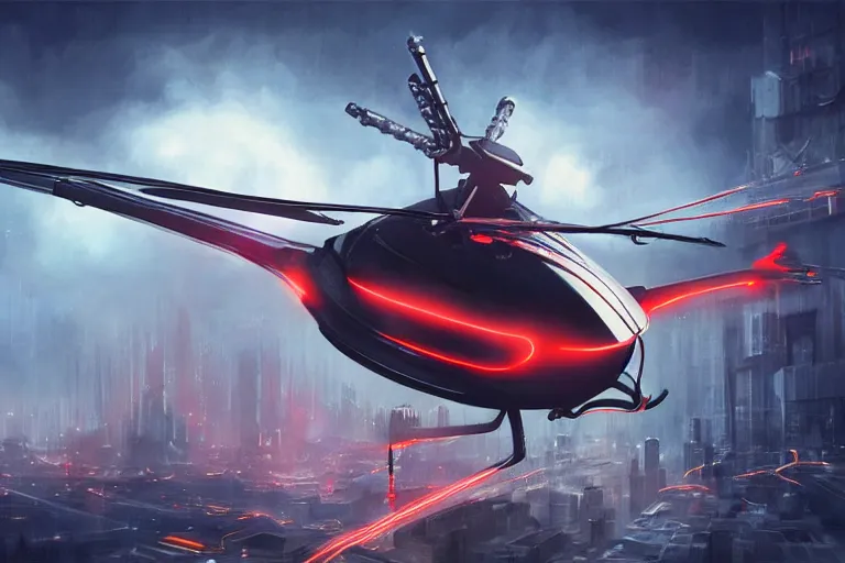 Image similar to futuristic flying helicopter robot with glowing red eyes, desolate metropolis, digital art, fantasy, trending on artstation, professional illustration, cgsociety, ultra detailed