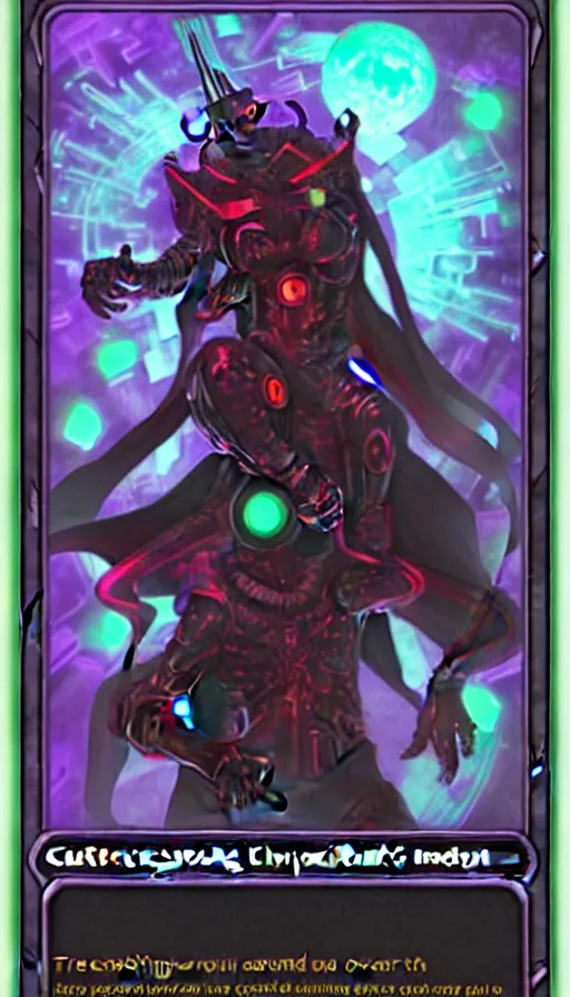 Prompt: the whispering cyber - devil, cyberpunk trading card, card art, magic the gathering and hearthstone style