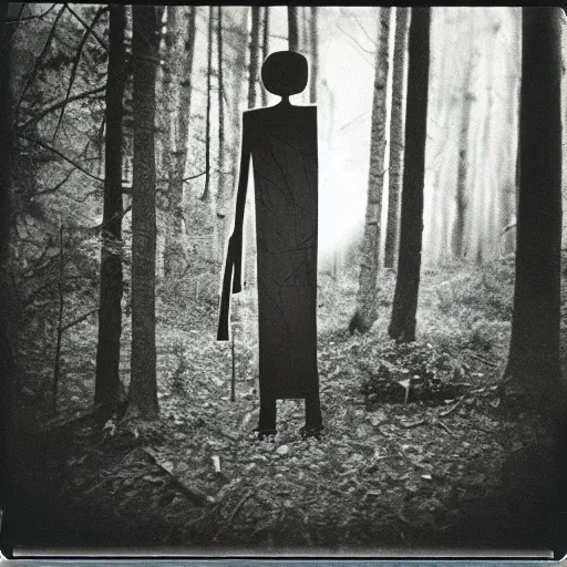 Image similar to Slenderman in the woods, old polaroid photography, grainy film, black and white