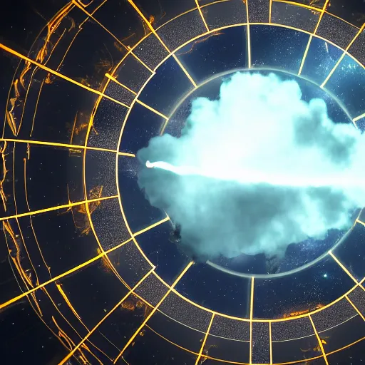Prompt: open golden space portal with white turbulent smoke and electricity, high detail, photo realistic, 8 k