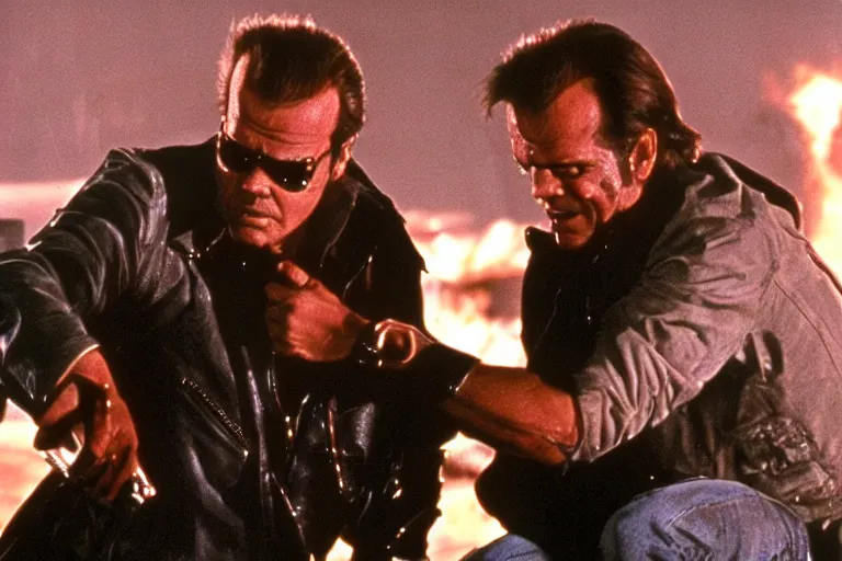 Image similar to Jack Nicholson plays Terminator, scene where he saves Sarah Connor, still from the film