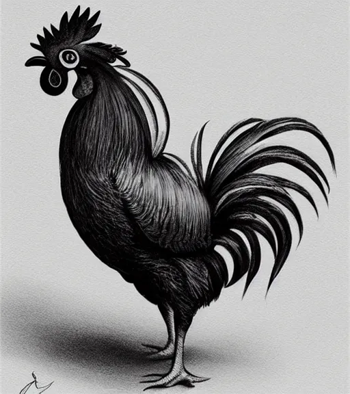 Image similar to beautiful rooster black and white drawing, in the style of greg rutkowski, fantasy, amazing detail, epic, intricate, elegant, smooth, sharp focus