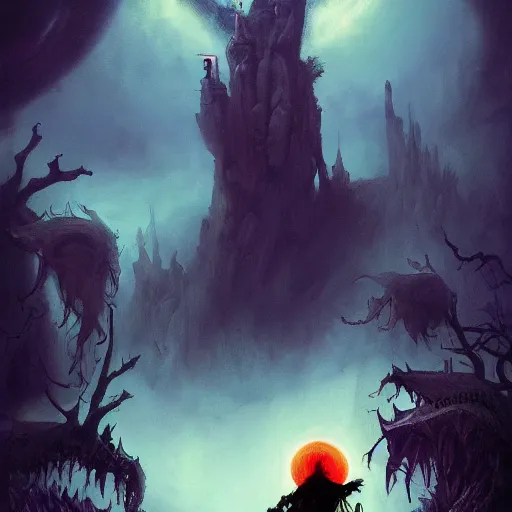 Image similar to Dracula traveling through a beautiful psychedelic world, horror, illustrated by Greg Rutkowski and dr seuss, masterpiece, vivid colors, trending on artstation