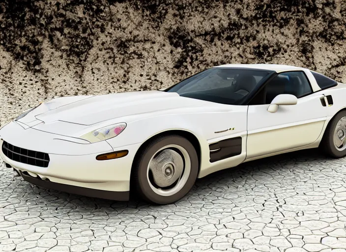 Image similar to hyperrealism, detailed textures, photorealistic 3 d render, a dreamy beach in cuba, a photo realistic 1 9 9 9 corvette stingray with a blazing pearl white colour scheme, mickey thompson tires, centrerline rims, sharp focus, ultra realistic, ultra high pixel detail, cinematic, intricate, cinematic light, concept art, illustration, art station, unreal engine 8 k