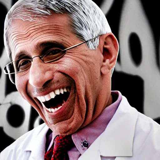 Prompt: horror film stark raving mad lunatic doctor anthony fauci, covered in blood, white lab coat, red stains, laughing maniacally, holding needles and syringes in his hands