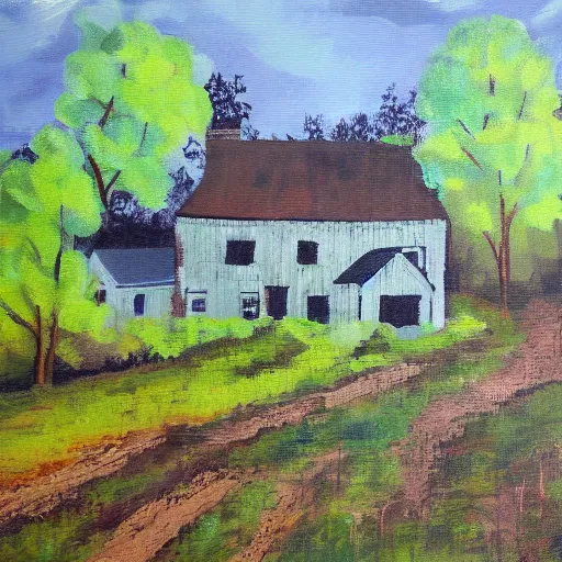 Image similar to farmhouse in the woods painted by jerry smith, acrylic painting