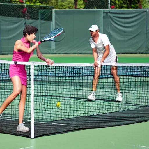 Prompt: a fridge with legs and arms is playing tennis against Garfield