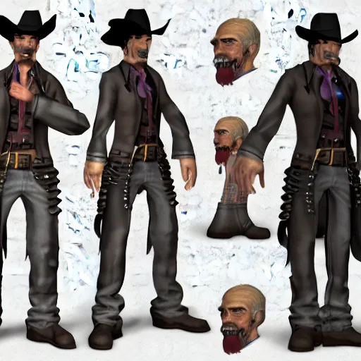 Prompt: model sheet of a wild west outlaw in a ps2 jrpg, 3d render