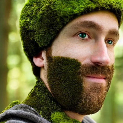 Image similar to portrait of a man with hat made of moss, 4k, full shot, high details, natural light, Forrest in background