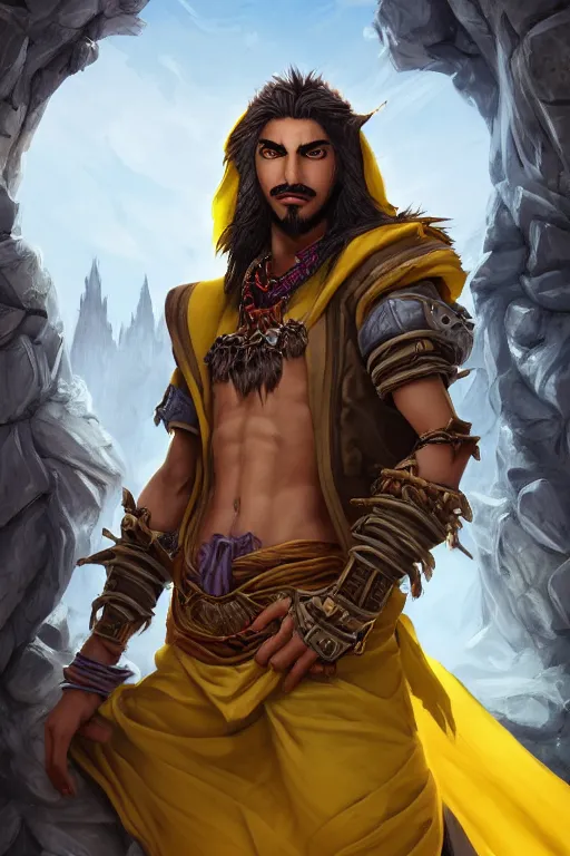 Image similar to portrait of young wild arabian nomad half werewolf, with yellow cloths, league of legends splash art, castlevania, hearthstone splash art, full body shot, rule of thirds, ultrafine hyperrealistic detailed face, artgerm, greg rutkowski, trending on artstation, 8 k, intricately detailed, highly detailed