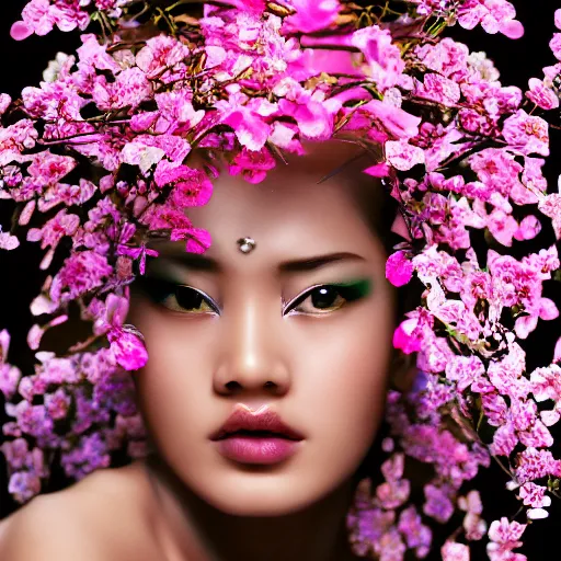 Image similar to photography of the asian queen sitting in the flower thorn, beautiful face, masterpiece costume, jewellery, high quality, elegant, emotionally touching, cool, deep gaze, mystery, tenderness kenneth willardt style