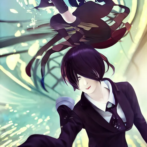 Image similar to luxury advertisement, astonishing artwork of a very beautiful dancing anime schoolgirl with black bob hair in style of cytus and deemo, full perfect face, she is dancing, set in Half-life. Realistic, highly detailed background, Pixiv, 120 degree view, drawn by Sasoura, Satchely and Akihiko Yoshida, no distortion