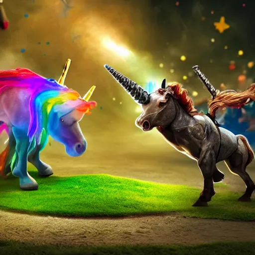 Image similar to leprechaun fighting a robotic unicorn, detailed, photorealistic, 8 k, wide shot,