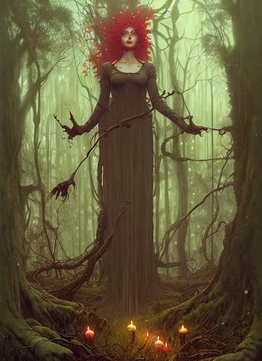 Image similar to a hyper realistic witch shrine, candles, in the woods, distant explosions, gorgeous lighting, lush forest foliage, painting by chiara bautista and tom bagshaw, mucha, beksinski and norman rockwell and greg rutkowski weta studio, and lucasfilm