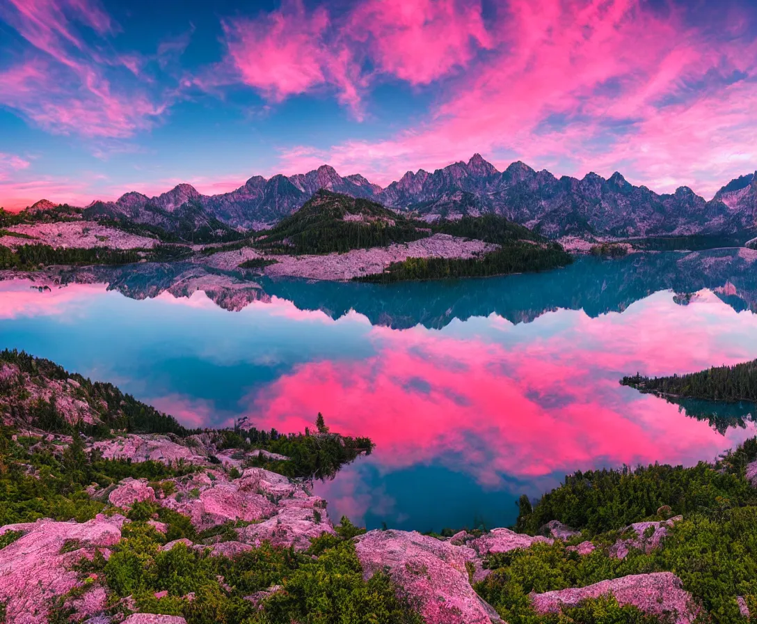 Prompt: wide angle photography, majestic mountains, beautiful lake, lush landscape, pink sky, sunset, high res, 8k