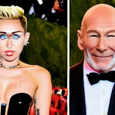 Image similar to a photograph of Miley Cyrus standing next to Patrick Stewart at the Met Gala