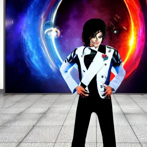 Image similar to a full body photograph of michael jackson as'doctor who ', time vortex in the background, detailed face, symmetrical face, extreme realism and detail, 8 k, completely framed, direct lighting, 3 5 mm photo, photorealistic, sharp focus