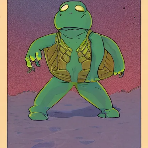 Image similar to anthropomorphic turtle hero, moebius