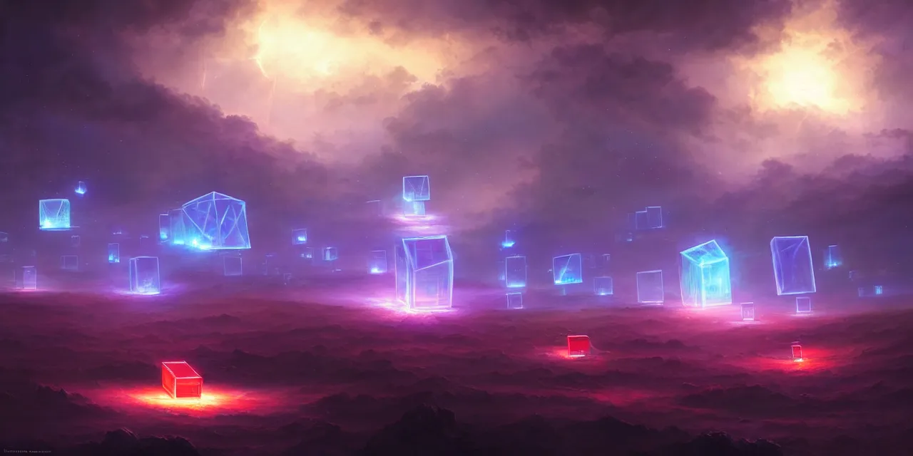 Image similar to a fleet of giant glowing futuristic cubes tied to each other with glowing light tubes in the sky, a fantasy magical landscape seen in the distance, atmospheric lighting, intricate, volumetric lighting, beautiful, sharp focus, ultra detailed, in the art style of marc simonetti, bowater charlie and brom gerald, astrophotography